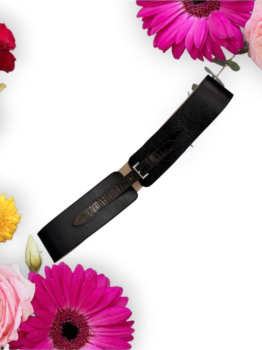 Nordstrom Black Wide Corset Leather Waist Belt with Textured Strap